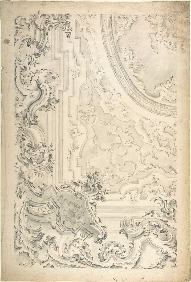 Design for a Ceiling with Cove Showing, Anonymous, Italian, Piedmontese, 18th century, Brush and gray wash, over black chalk; framing lines in leadpoint 