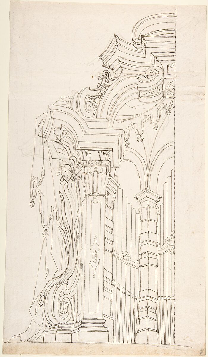 Design for One Half of the Apsidal Space Enclosing an Organ, Anonymous, Italian, Piedmontese, 18th century, Pen and brown ink over leadpoint 