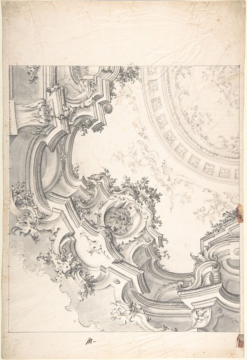 Design for 1/4 of a Ceiling, Anonymous, Italian, Piedmontese, 18th century, Pen and gray ink, brush and gray wash, over black chalk; framing lines in pen and gray ink 