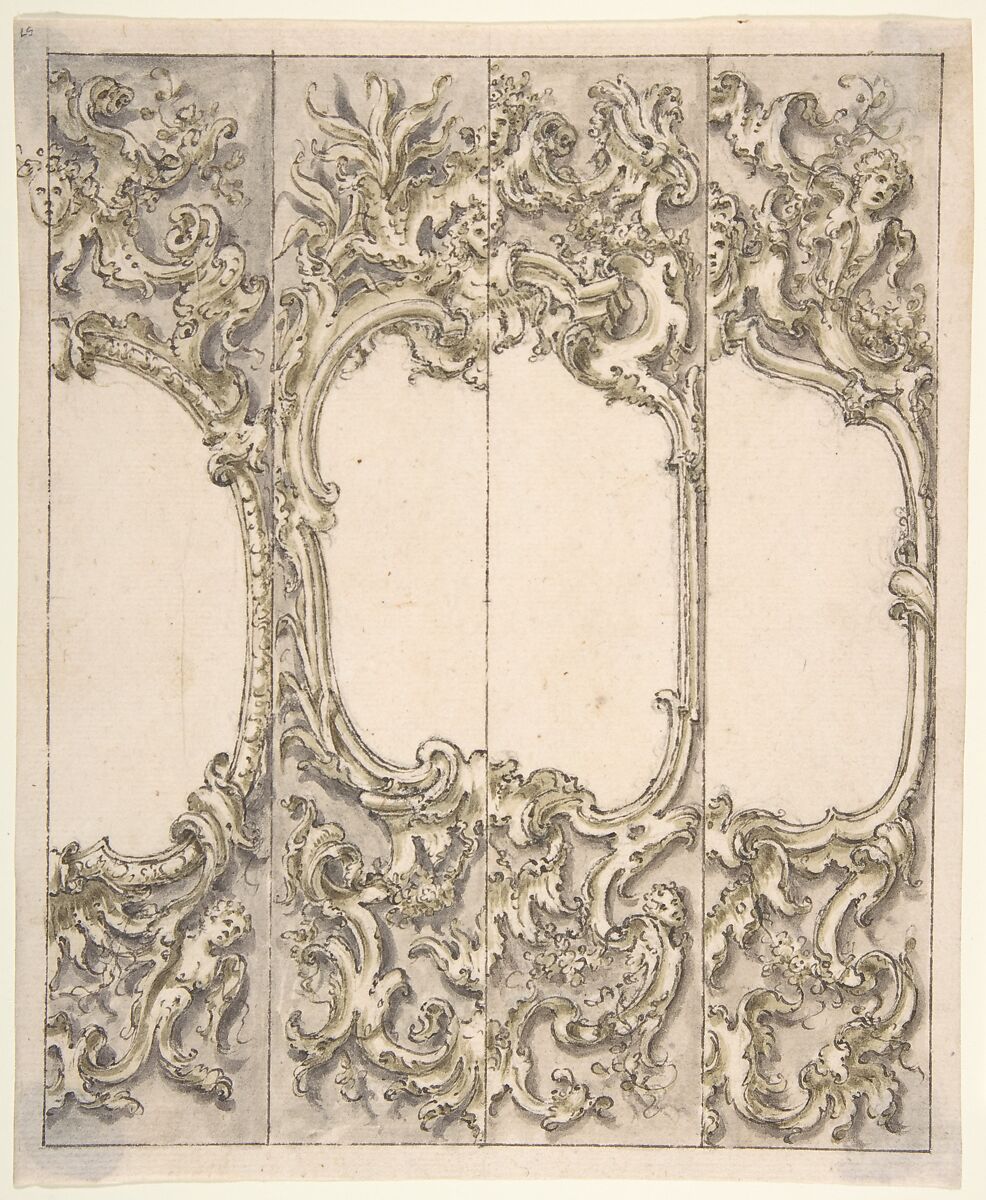 Designs for One Half of a Cartouche in the Rococo style, Anonymous, Italian, Piedmontese, 18th century, Pen and brown ink, brush and green and gray wash, over leadpoint or graphite; framing outlines in pen and brown ink 