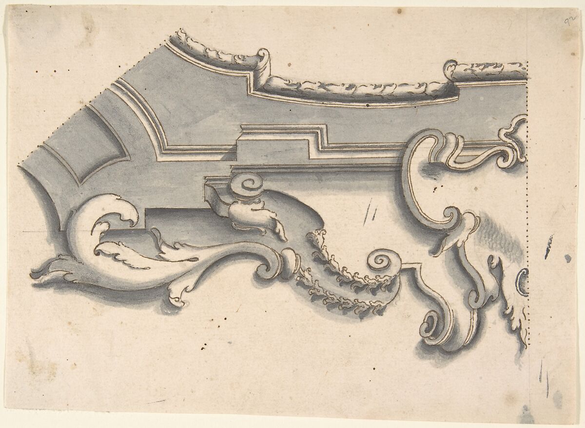 Design for the Corner of a Cove, Anonymous, Italian, Piedmontese, 18th century, Pen and brown ink, brush and gray wash, over ruled construction in leadpoint or graphite, some dotted framing outlines 