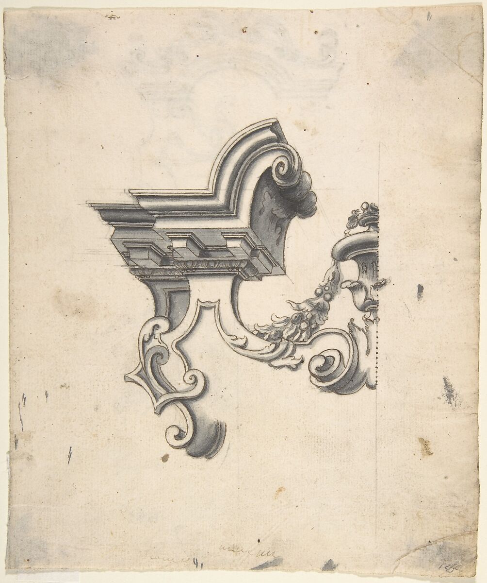 One Half of a Design for an Overdoor (?) (recto); Two Designs for Altars, one for a Capital (?) (verso), Anonymous, Italian, Piedmontese, 18th century, Pen and brown ink, brush and gray wash, over ruled construction in leadpoint or graphite (recto); leadpoint or graphite (verso). Some framing outlines 