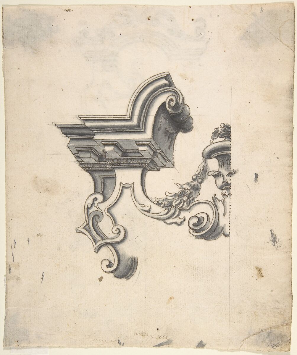 One Half of a Design for an Overdoor (?) (recto); Two Designs for Altars, one for a Capital (?) (verso), Anonymous, Italian, Piedmontese, 18th century, Pen and brown ink, brush and gray wash, over ruled construction in leadpoint or graphite (recto); leadpoint or graphite (verso); some framing outlines 