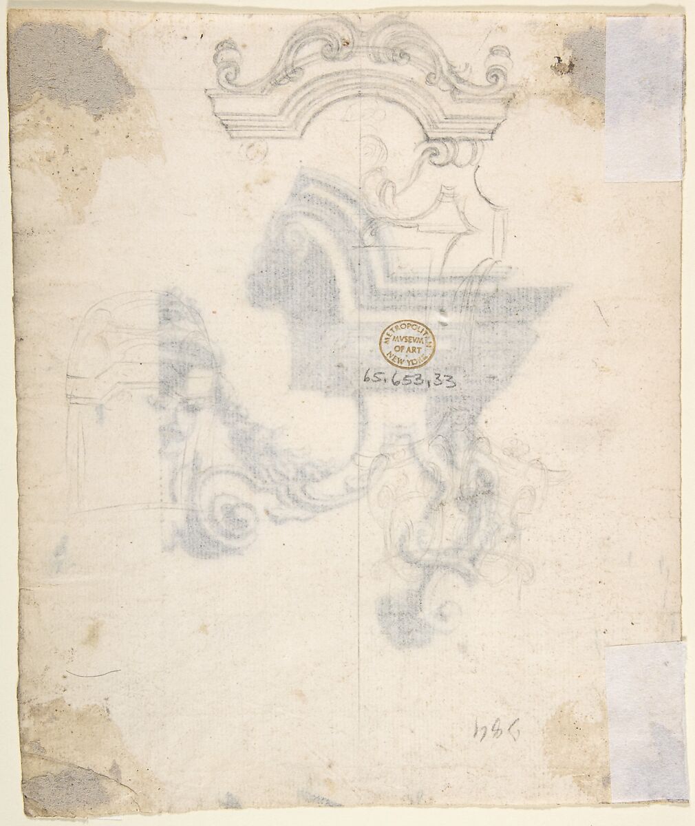 One Half of a Design for an Overdoor (?) (recto); Two Designs for Altars, one for a Capital (?) (verso), Anonymous, Italian, Piedmontese, 18th century, Pen and brown ink, brush and gray wash, over ruled construction in leadpoint or graphite (recto); leadpoint or graphite (verso); some framing outlines