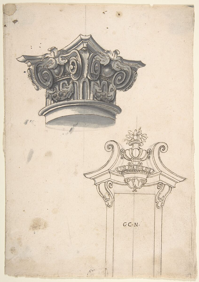 Designs for a Capital, and for a Doorway, Anonymous, Italian, Piedmontese, 18th century, Pen and brown ink, brush and gray wash, over leadpoint or graphite, with ruled construction 