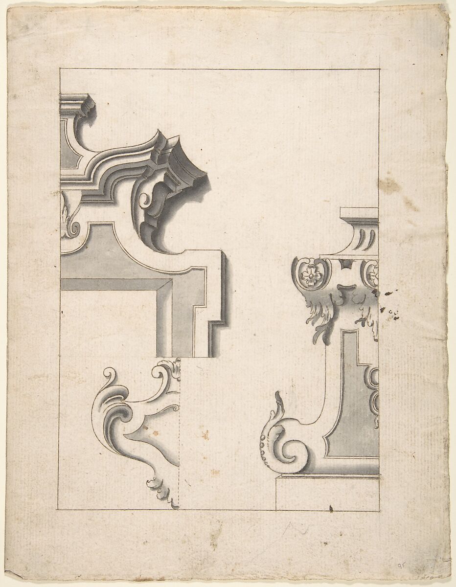 Designs for One Half of an Overdoor, and One Half of a Pedestal (?), Anonymous, Italian, Piedmontese, 18th century, Pen and brown ink, brush and gray wash, over traces of leadpoint or construction in leadpoint or graphite; framing outlines in pen and brown ink 