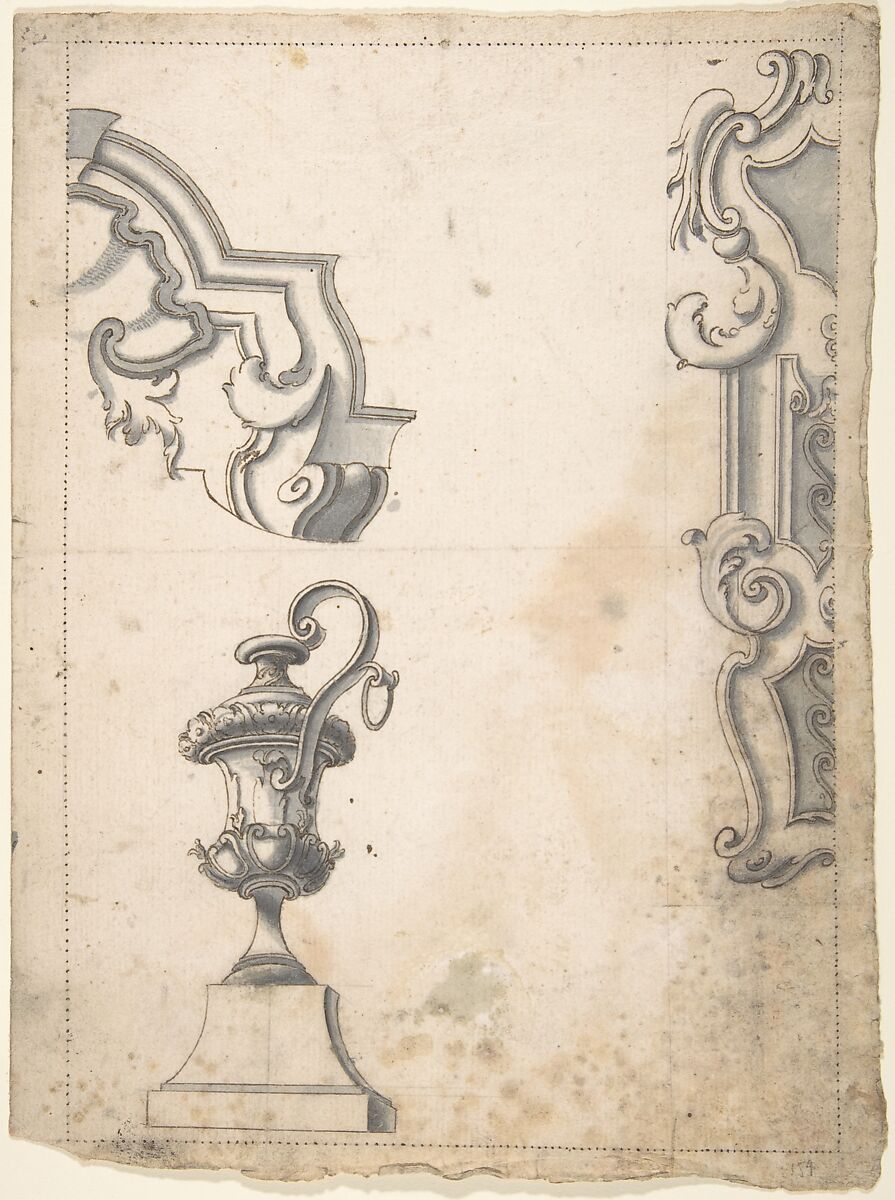 Designs for Parts of Frames and an Amphora, Anonymous, Italian, Piedmontese, 18th century, Pen and brown ink, brush and gray wash, over leadpoint or graphite, with ruled construction in leadpoint or graphite; dotted framing outline in pen and brown ink 