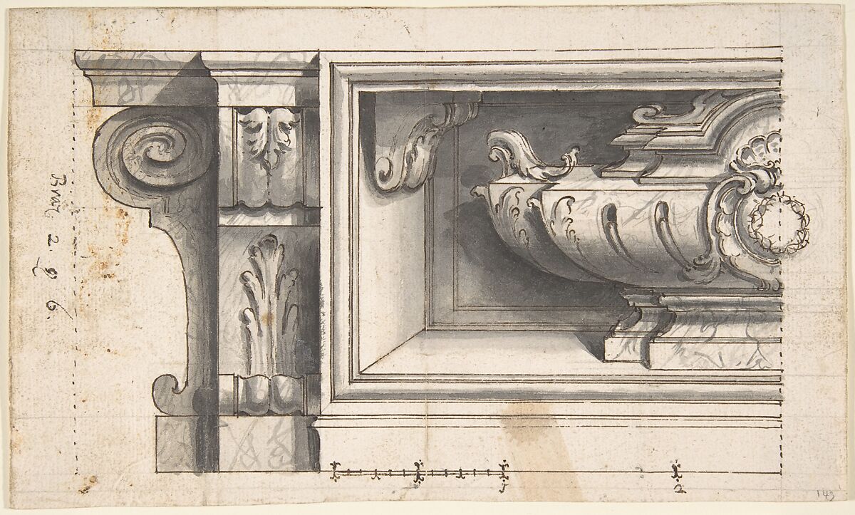 Design for a Sarcophagus or an Urn in a Niche, Anonymous, Italian, Piedmontese, 18th century, Pen and brown ink, brush and gray wash, over leadpoint or graphite, with ruled construction; dotted framing outlines in pen and brown ink 