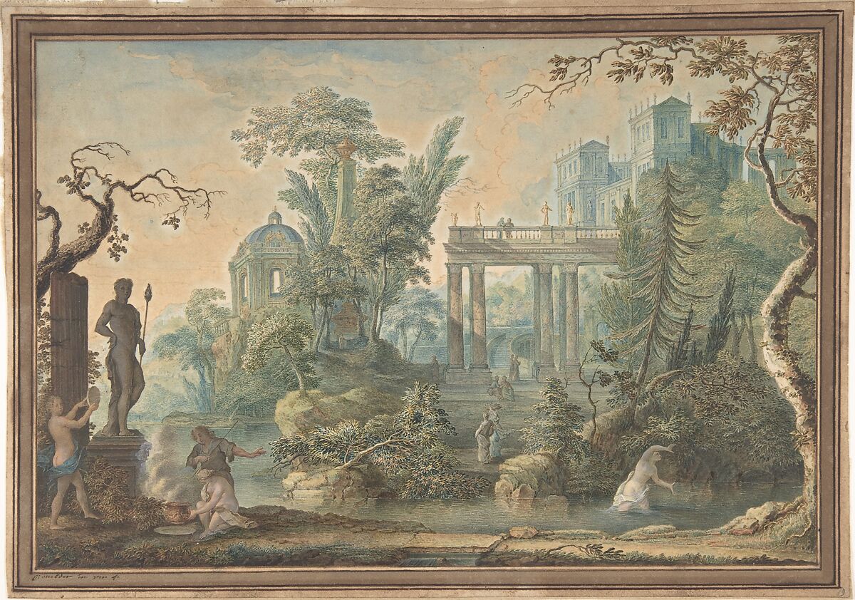 Arcadian Landscape with several Figures and a Statue of Apollo, Gerard Melder (Dutch, Amsterdam 1693–1754 Utrecht), Watercolor and gouache 