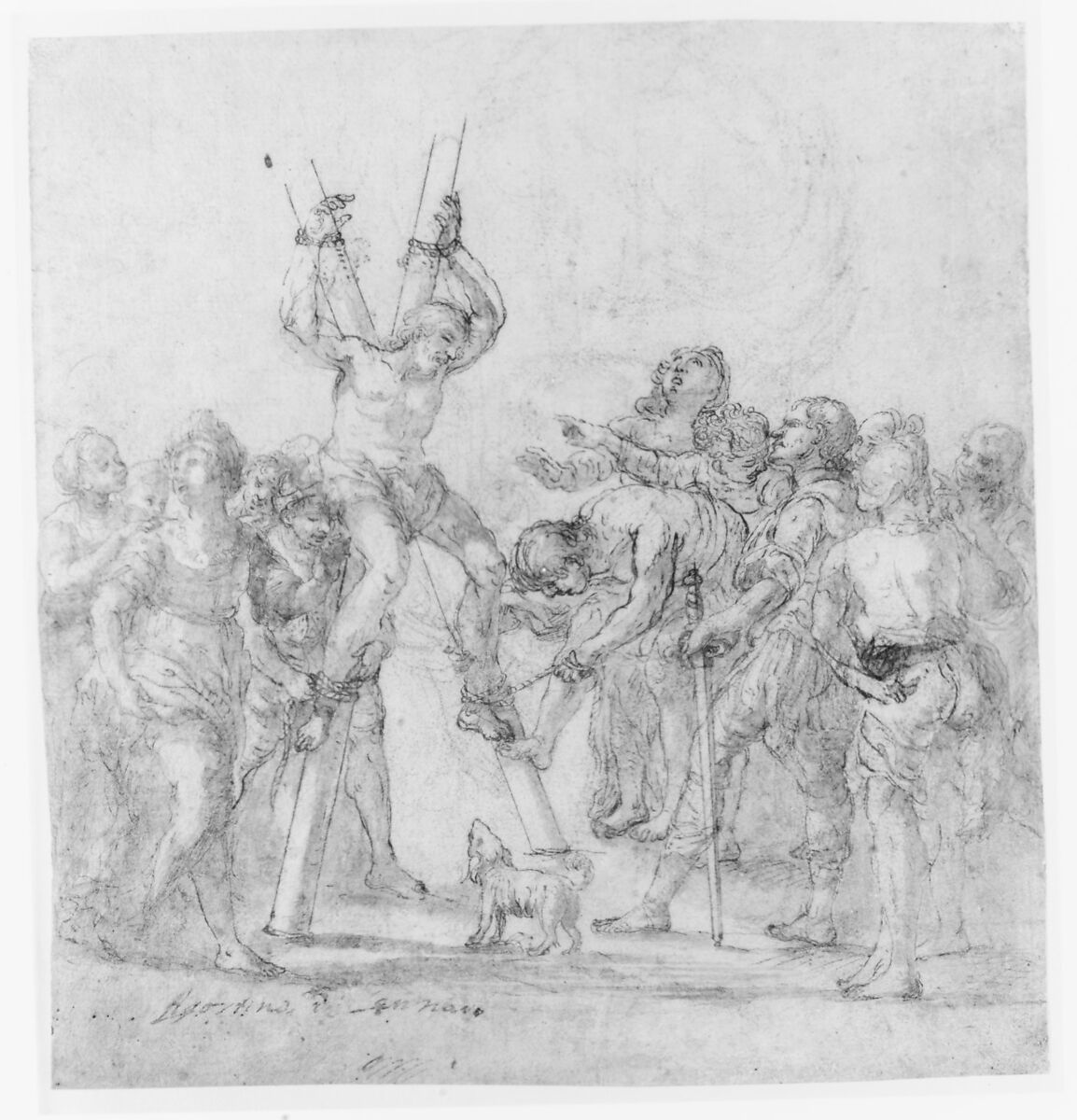 Martydom of Saint Andrew (recto); Head of a Woman (verso), Anonymous, Italian, Roman-Bolognese, 17th century, Pen and brown ink, brush and brown and gray wash, over traces of black chalk on light tan paper (recto); black chalk (verso)