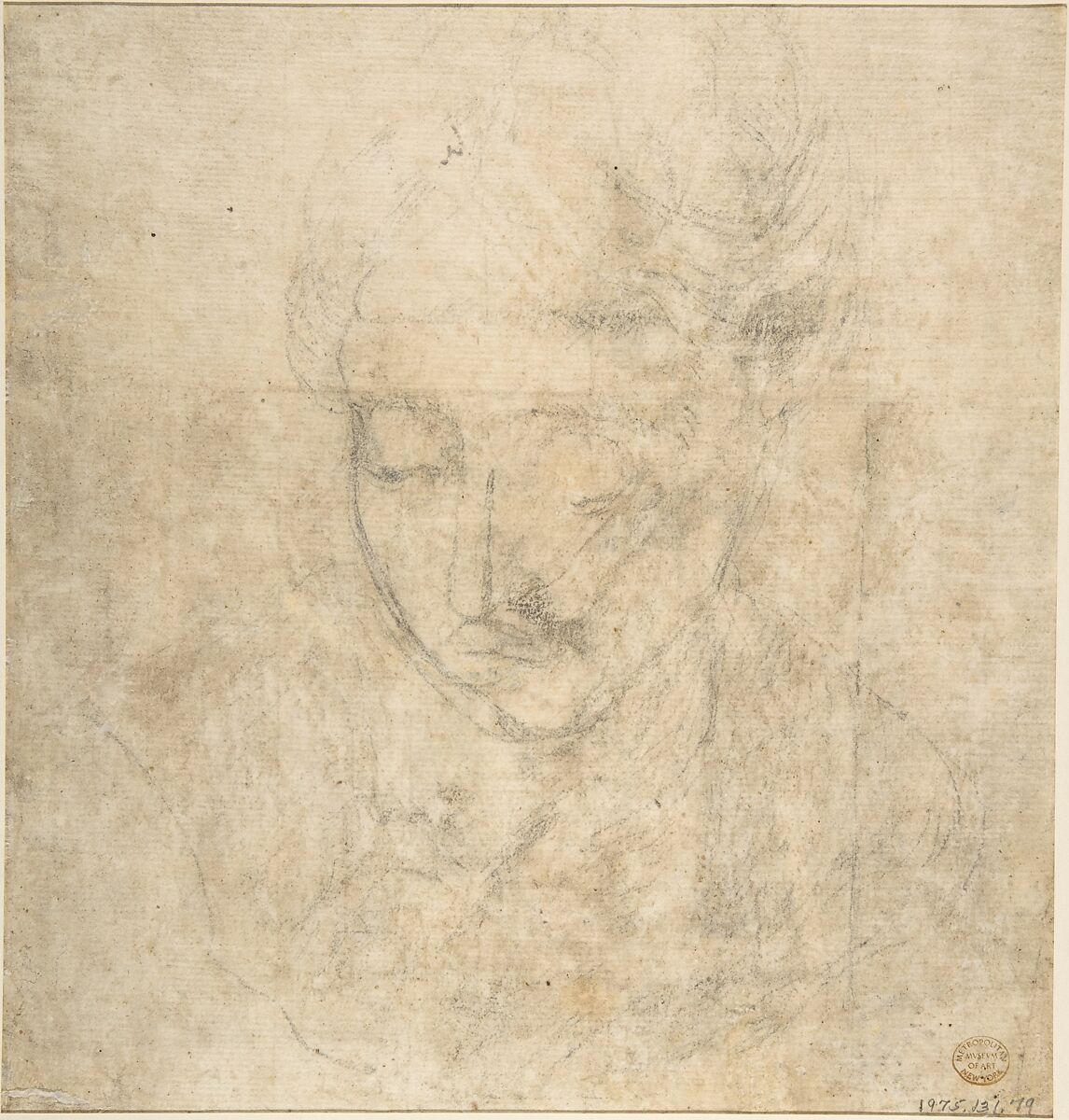 Martydom of Saint Andrew (recto); Head of a Woman (verso), Anonymous, Italian, Roman-Bolognese, 17th century, Pen and brown ink, brush and brown and gray wash, over traces of black chalk on light tan paper (recto); black chalk (verso)