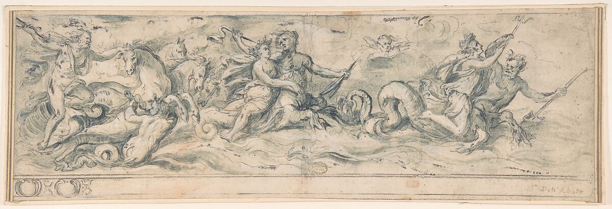 Sea Deities, Anonymous, Italian, Roman-Bolognese, 17th century, Black chalk, brush and blue wash, highlighted with white gouache on cream paper 