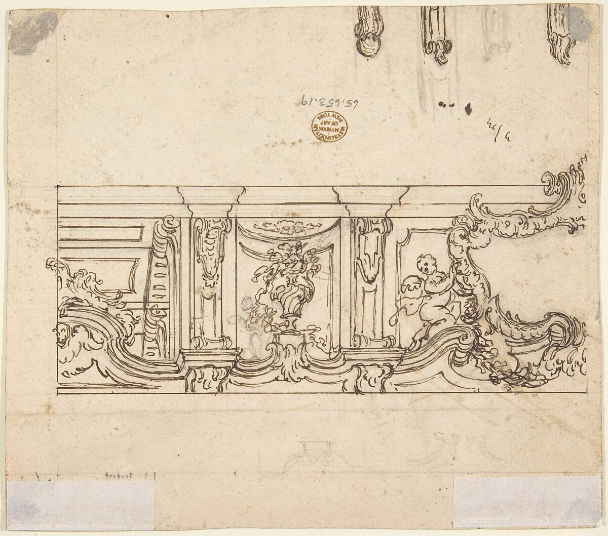 One Quarter of a Design for a Painted Ceiling (recto); Frieze with Putto, Vases, and Other Decorations (verso), Anonymous, Italian, Piedmontese, 18th century, Pen and brown ink, brush and gray wash and watercolor, over leadpoint or graphite, with ruled and compass construction; framing lines in pen and brown ink (recto); pen and brown ink over leadpoint or graphite with ruled construction (verso)
