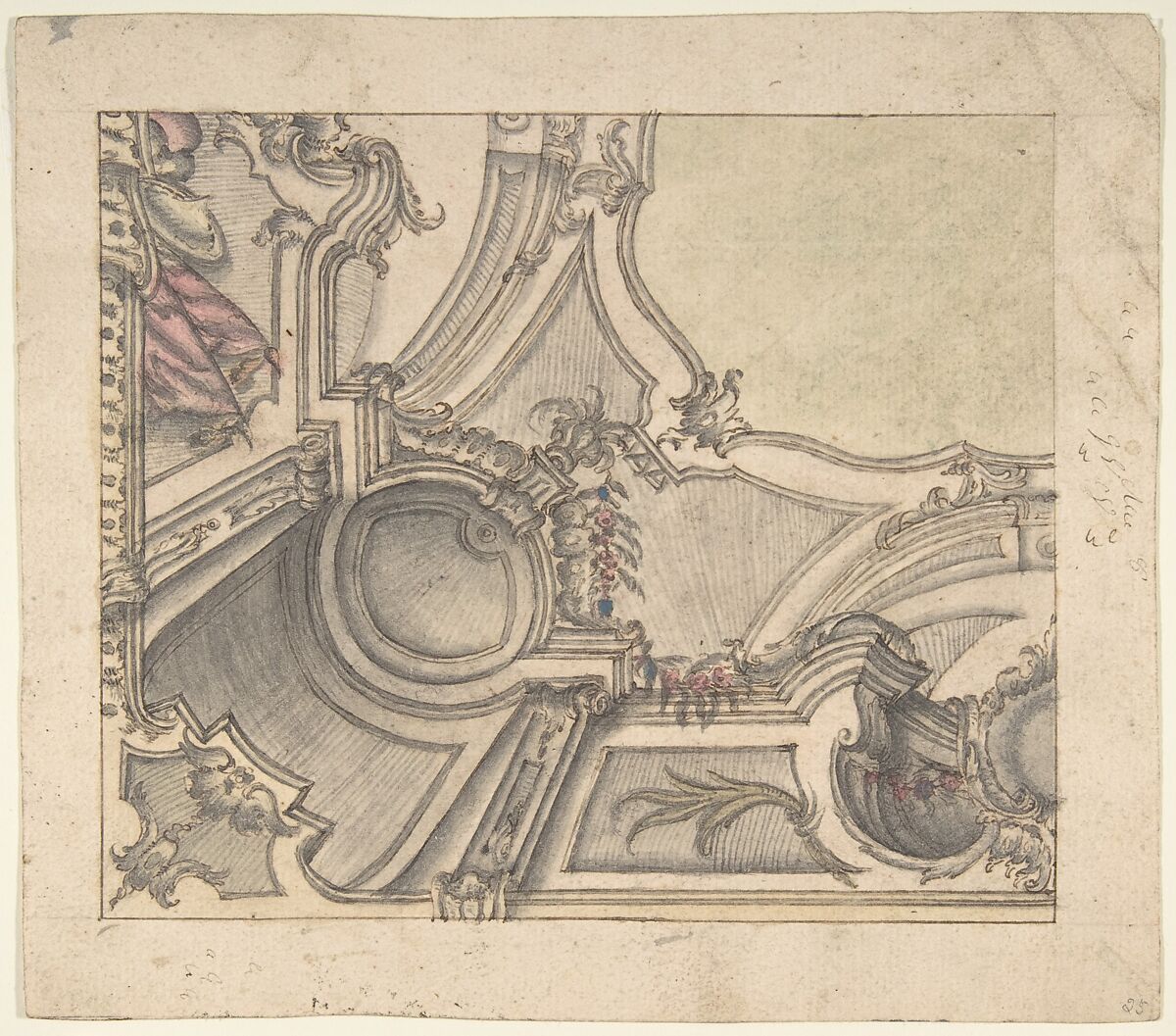 One Quarter of a Design for a Painted Ceiling (recto); Frieze with Putto, Vases, and Other Decorations (verso), Anonymous, Italian, Piedmontese, 18th century, Pen and brown ink, brush and gray wash and watercolor, over leadpoint or graphite, with ruled and compass construction; framing lines in pen and brown ink (recto); pen and brown ink over leadpoint or graphite with ruled construction (verso) 