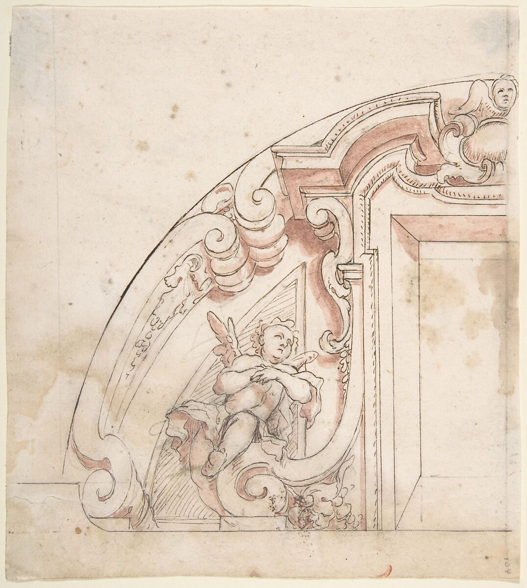 Design for One Half of a Lunette with a Window and Putto at Left, Anonymous, Italian, Piedmontese, 18th century, Pen and brown ink, brush and red wash, over leadpoint or graphite. Ruled lines in graphite or leadpoint 