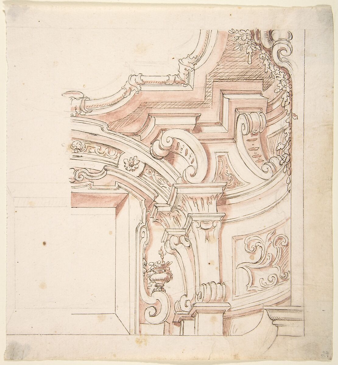 Design for a Portion of Cornice and Ceiling, Anonymous, Italian, Piedmontese, 18th century, Pen and brown ink, brush with red wash, over leadpoint or graphite.  Ruled lines in leadpoint or graphite 