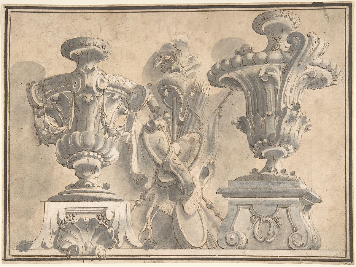 Ornamental Design with Two Urns and a Trophy, Anonymous, Italian, Piedmontese, 18th century, Pen and brown ink, brush with gray and brown wash, overlead point or black chalk, with some ruled construction. Framing outlines in pen and brown ink 