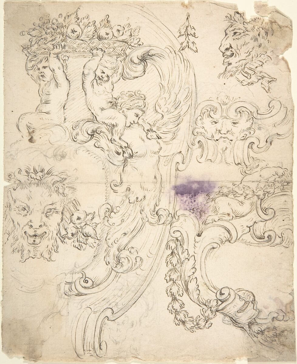 Various Sketches for Cartouches, with Satyr Heads, Putti, etc., Anonymous, Italian, Piedmontese, 18th century, Pen and brown ink, over leadpoint 