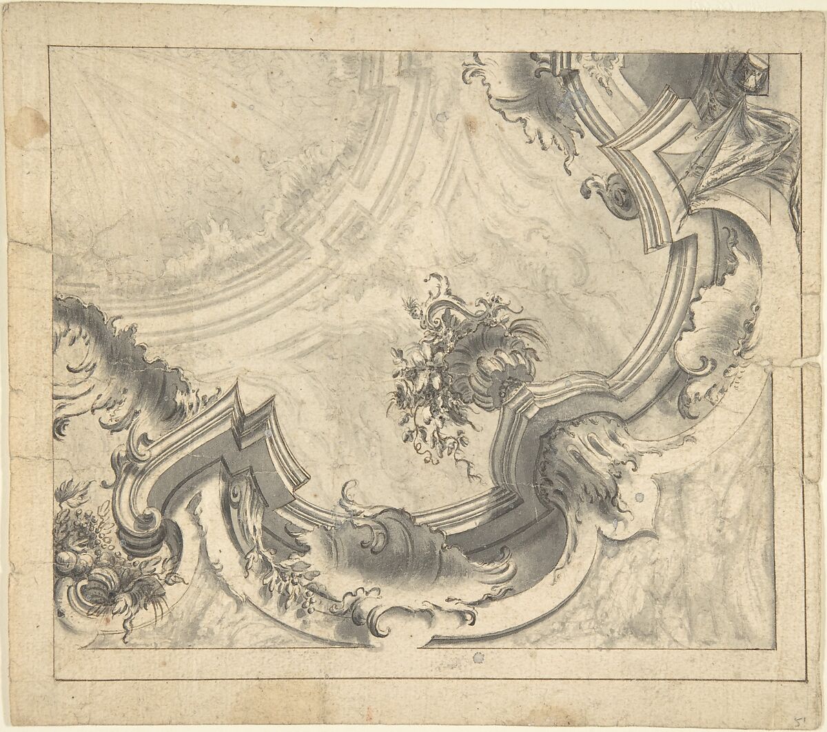 One Quarter of a Design for a Painted Ceiling (recto); Ornaments (verso), Anonymous, Italian, Piedmontese, 18th century, Pen and brown ink, brush and gray wash, over leadpoint, with ruled and compass construction (recto); architectural drawing in leadpoint (verso) 