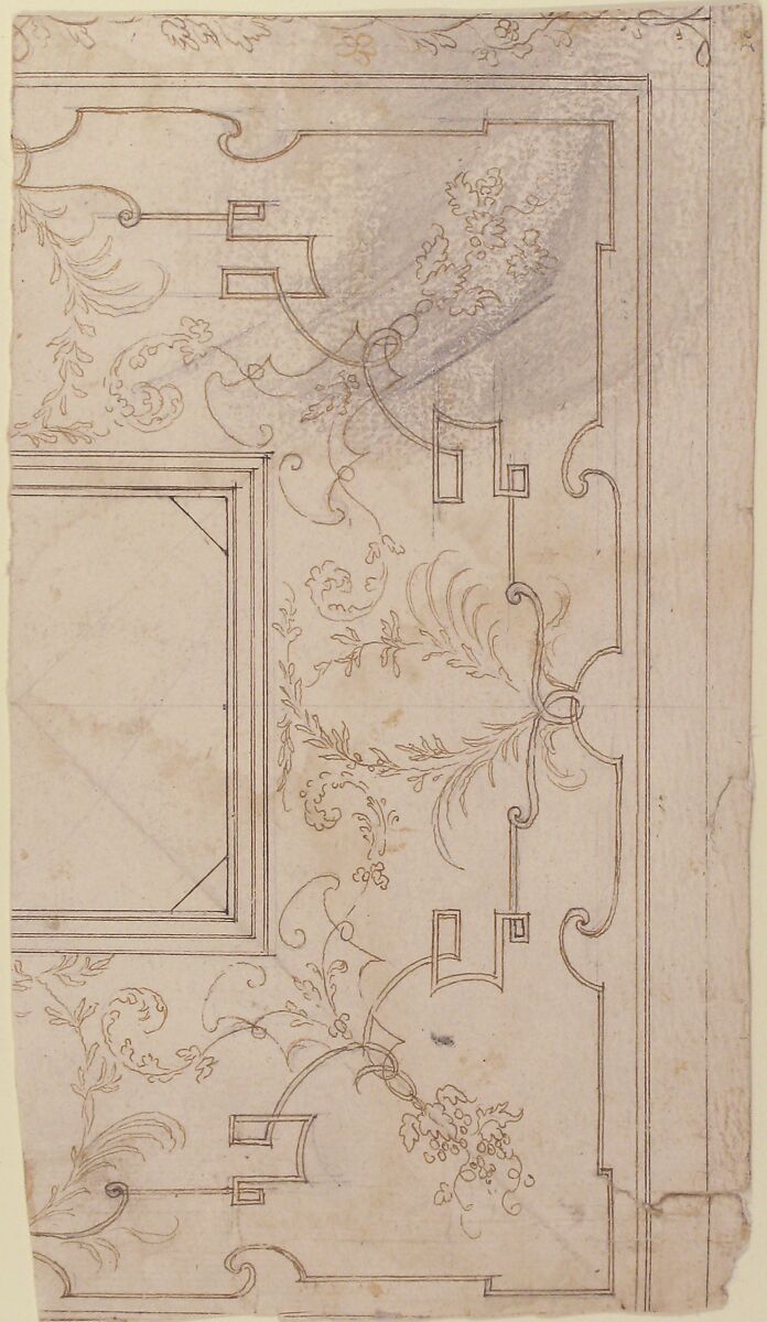One Half Design for a Ceiling with Floral and Strapwork Motifs (recto); Slight Scribbles (verso), Attributed to Workshop of Donato Giuseppe Frisoni (Italian, Laino, near Como 1683–1735 Ludwigsburg), Pen and brown ink over leadpoint or graphite (recto); leadpoint or graphite (verso)