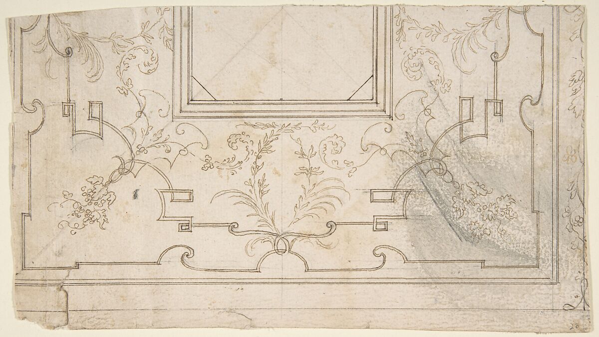 One Half Design for a Ceiling with Floral and Strapwork Motifs (recto); Slight Scribbles (verso)., Attributed to Workshop of Donato Giuseppe Frisoni (Italian, Laino near Como 1683–1735 Ludwigsburg), Pen and brown ink over leadpoint or graphite (recto); leadpoint or graphite (verso) 