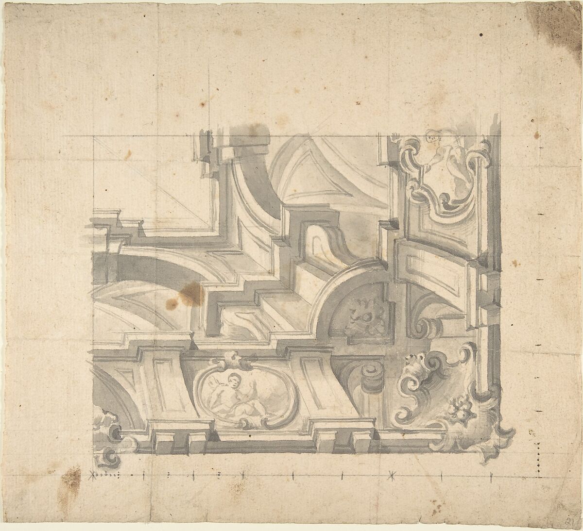 1/4 Design for a Painted Ceiling, architectural perspective, Anonymous, Italian, Piedmontese, 18th century, Brush and gray wash over leadpoint or graphite, with ruled and compass construction. Scale at bottom of drawing in pen and gray ink over leadpoint 