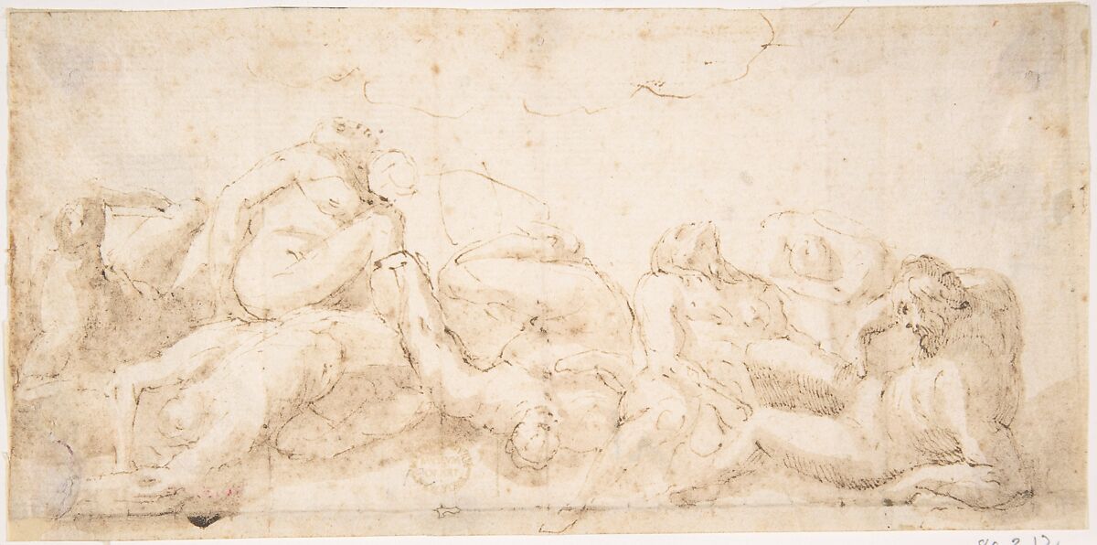 Group of Entangled Nude Figures, Anonymous, Italian, 17th or 18th century, Pen and brown ink, brush and brown wash on cream laid paper 