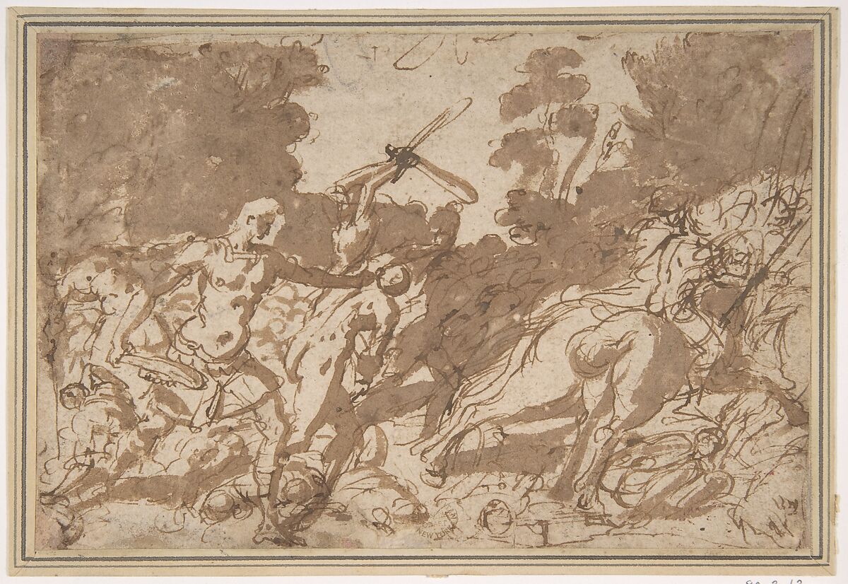 Battle Scene (Samson Slaying the Philistines?), Anonymous, Italian, Roman-Bolognese, 17th century, Pen and brown ink, brush and brown wash on light brown paper 
