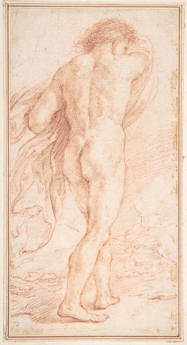 Nude Figure with Cloak, seen from rear, Anonymous, Italian, Roman-Bolognese, 17th century, Red chalk on cream laid paper 