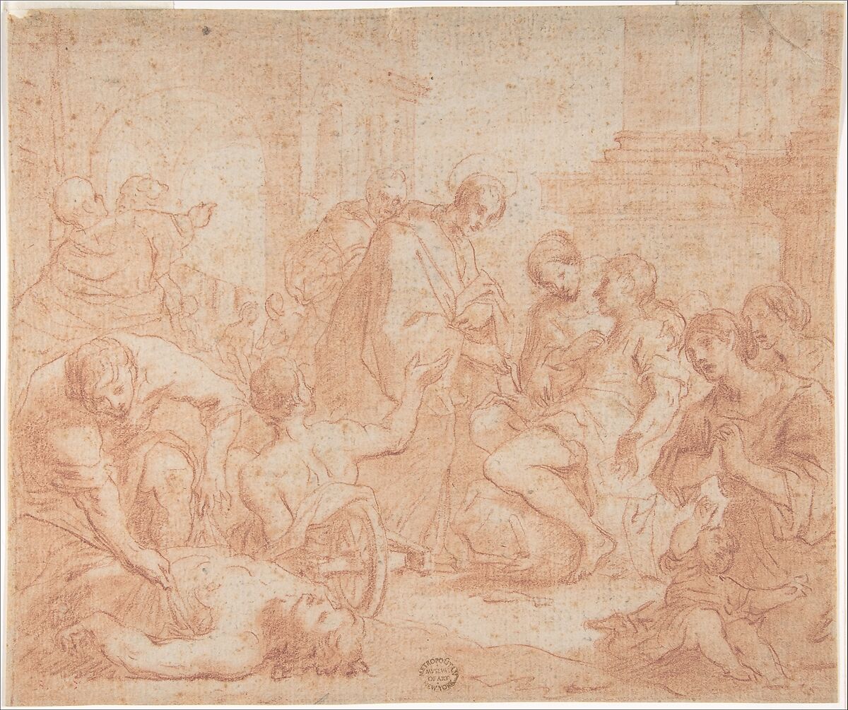 A Saint Healing the Sick (recto); Upper Body of Nude Male with Outstretched Arms, seen from the rear (verso), Anonymous, Italian, Roman-Bolognese, 17th century, Red chalk on cream paper (recto); black chalk (verso) 