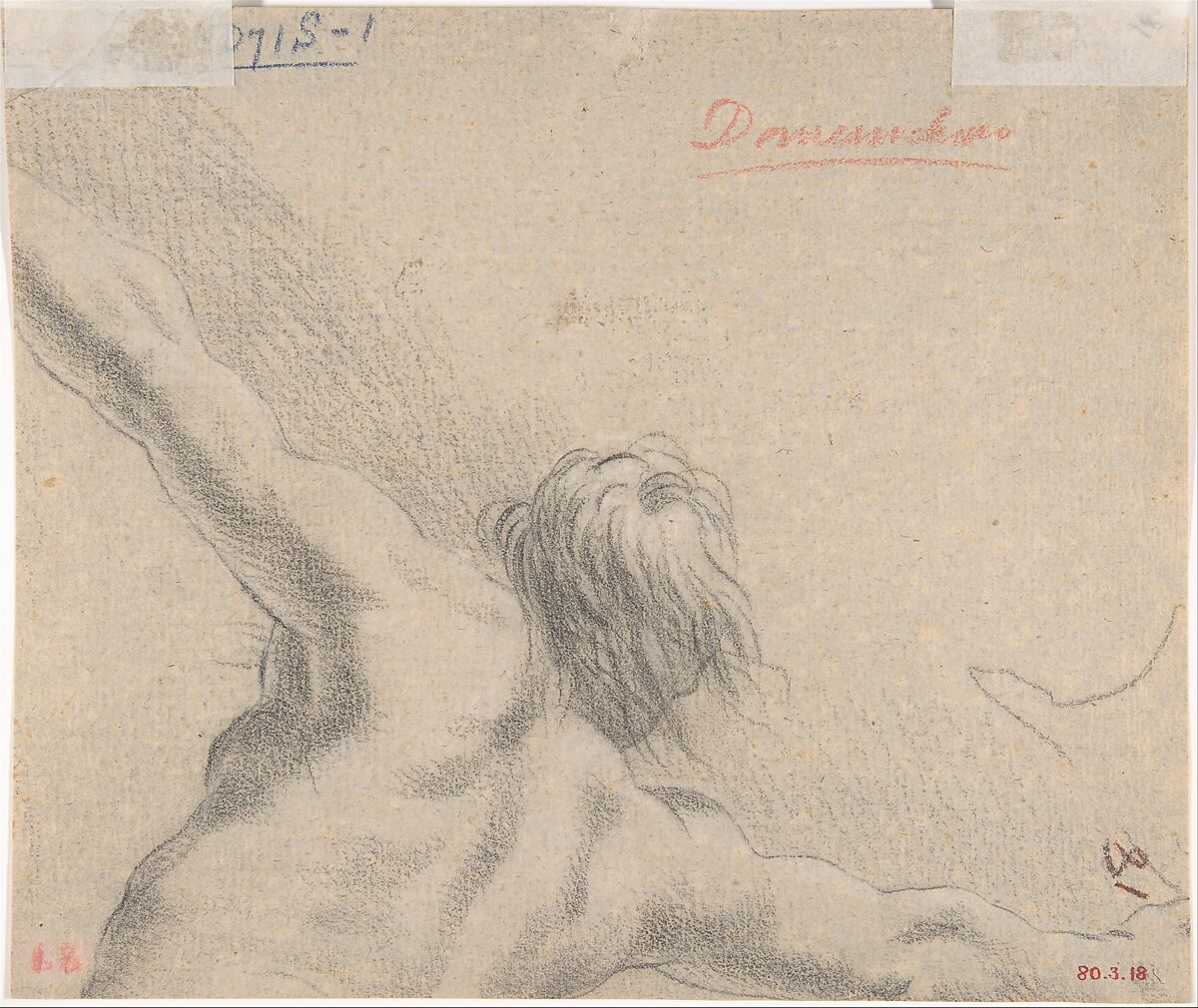 A Saint Healing the Sick (recto); Upper Body of Nude Male with Outstretched Arms, seen from the rear (verso), Anonymous, Italian, Roman-Bolognese, 17th century, Red chalk on cream paper (recto); black chalk (verso)