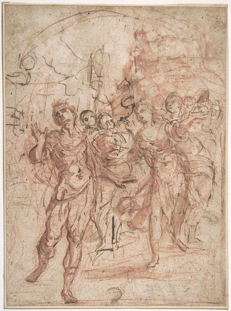 Scene of Celebration with Dancing and Music-Making (Jephtha and his Daughter?), Anonymous, Italian, Roman-Bolognese, 17th century, Red chalk, reworked with pen and brown ink, brush with brown and red wash on light brown paper 