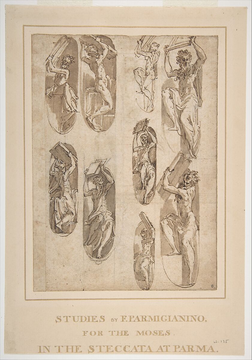 Nine Studies of the Moses in Santa Maria della Steccata, Parma (recto); Nine Studies for the Eve in Santa Maria della Steccata, Parma (verso), Parmigianino (Girolamo Francesco Maria Mazzola) (Italian, Parma 1503–1540 Casalmaggiore), Pen and brown ink, brush and brown wash, over traces of black chalk, on beige paper (recto and verso) 