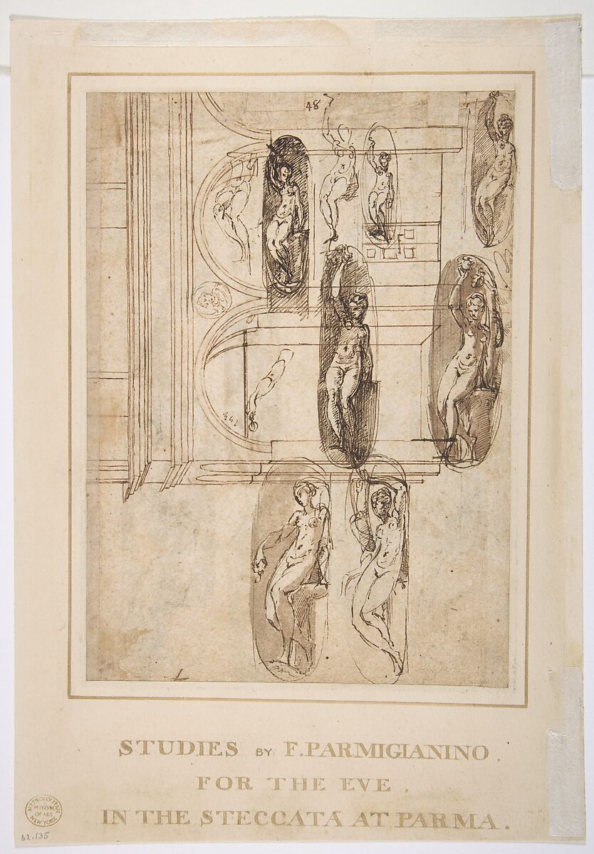 Nine Studies of the Moses in Santa Maria della Steccata, Parma (recto); Nine Studies for the Eve in Santa Maria della Steccata, Parma (verso), Parmigianino (Girolamo Francesco Maria Mazzola) (Italian, Parma 1503–1540 Casalmaggiore), Pen and brown ink, brush and brown wash, over traces of black chalk, on beige paper (recto and verso)