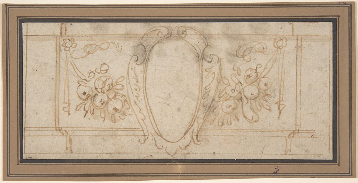 Wall Decoration with a Cartouche and Garland (recto); Ruled Lines in Red Chalk (verso), Anonymous, Italian, 17th century, Pen and gray ink, brush and brown wash, over traces of black chalk; framing lines in pen and brown ink 