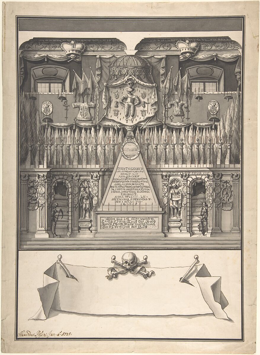 Memorial Decoration for the Interior of a Building to Honor the Deceased Ernst Ludwig, 1725, Alessandro Rossini (reported active 1702-1736), Pen and black ink, brush and gray wash, highlighted with pink-brown gouache, over traces of leadpoint; framing lines in black ink 