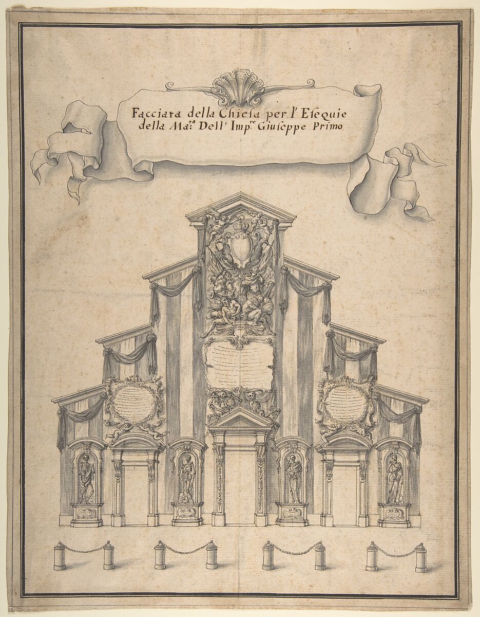 Decoration for the Façade of a Church for the Funeral of Joseph I, 1711, Giovanni Larciani ("Master of the Kress Landscapes") (Italian, 1484–1527), Pen and black ink, brush and gray wash over lead underdrawing on cream laid paper.  Framing lines black ink and in graphite or lead 