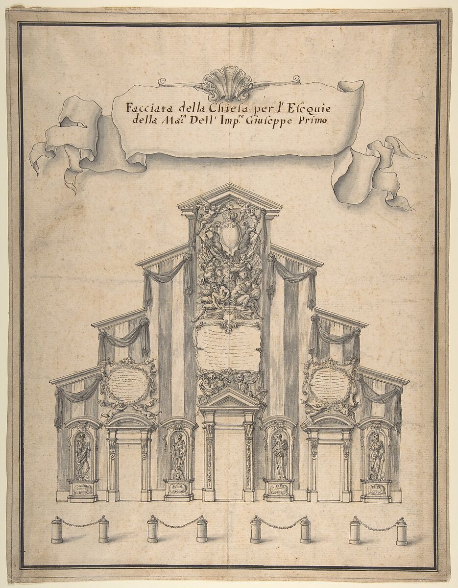 Decoration for the Façade of a Church for the Funeral of Joseph I, 1711, Giovanni Larciani ("Master of the Kress Landscapes") (Italian, 1484–1527), Pen and black ink, brush and gray wash, over lead underdrawing on cream laid paper; framing lines in pen and black ink and graphite or lead 