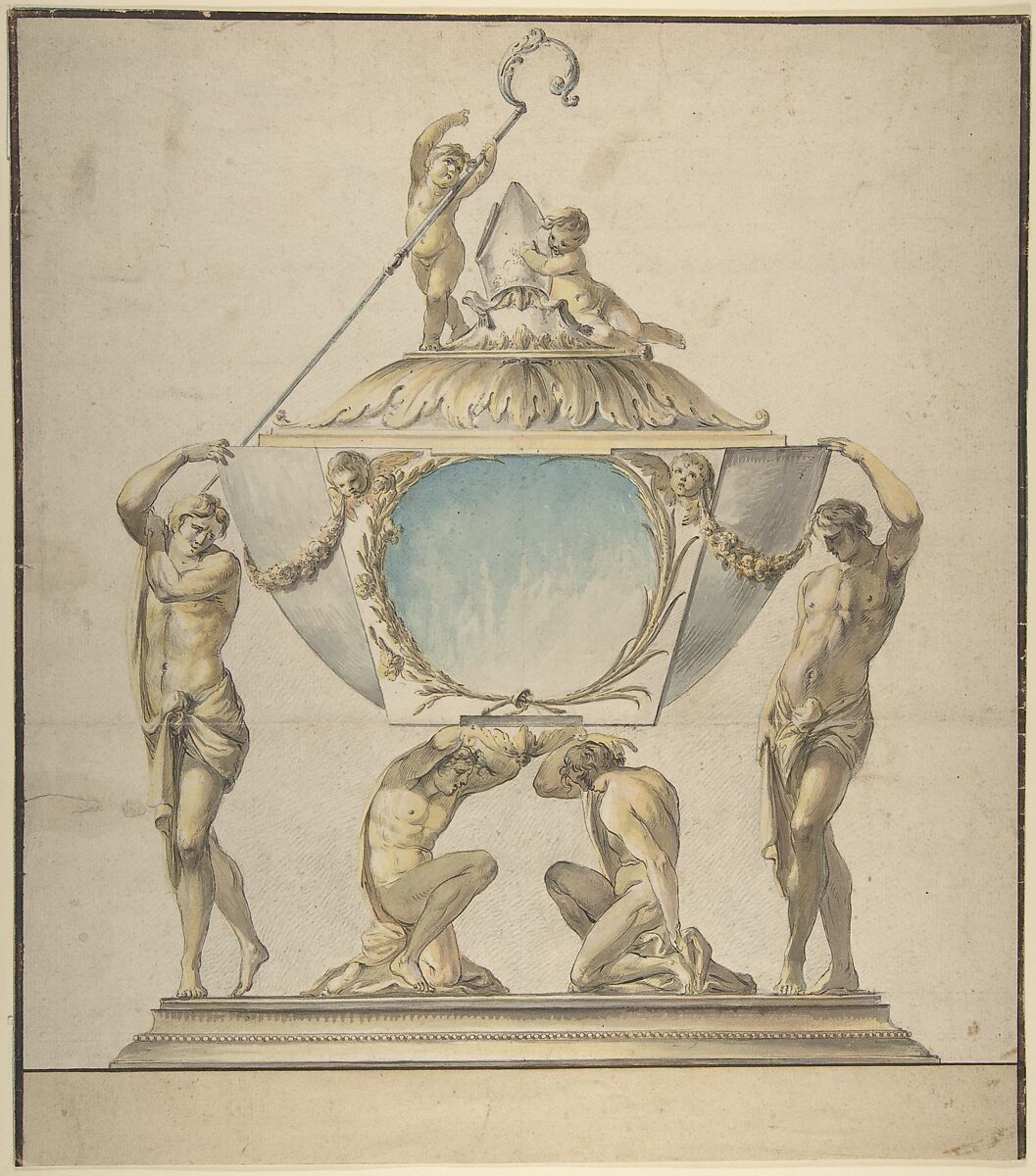 Design for a Gold and Silver Bishop's Reliquary, Luigi Valadier (Italian, Rome 1726–1785 Rome) (?), Pen and black ink, brush with gray, yellow, red and blue wash, highlighted with white gouache over lead or graphite on cream laid paper; framing lines in pen and brown ink 