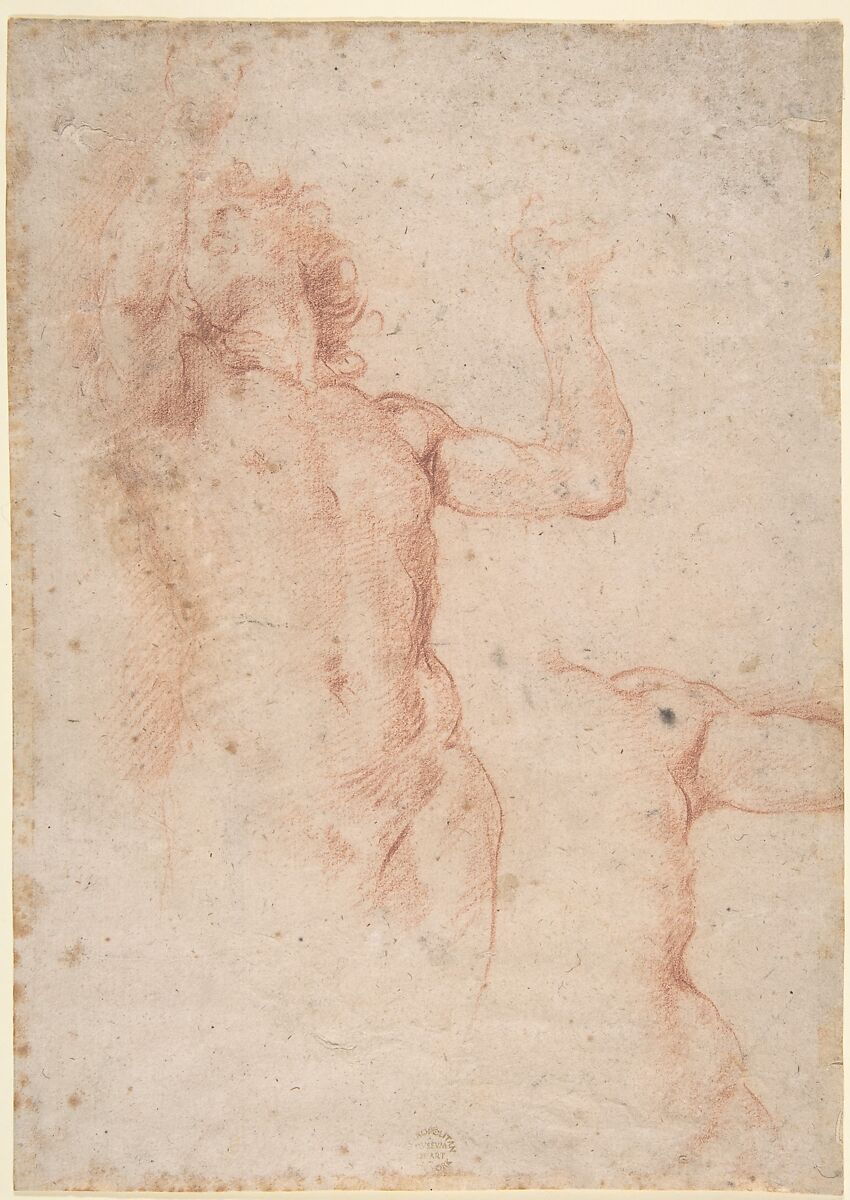 Study of Nude Figure in Front View Looking Upward; Study of Torso and Left Arm, Anonymous, Italian, Roman-Bolognese, 17th century, Red chalk on light brown paper 