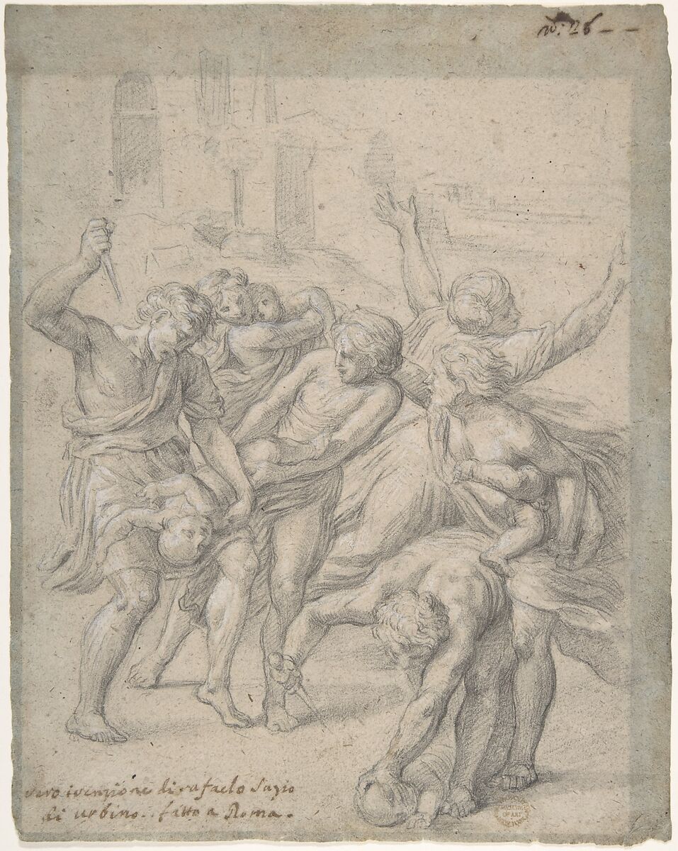 Massacre of the Innocents, Anonymous, Italian, Roman-Bolognese, 17th century, Black chalk, brush and gray wash, highlighted with white gouache on light blue laid paper faded to gray-brown 
