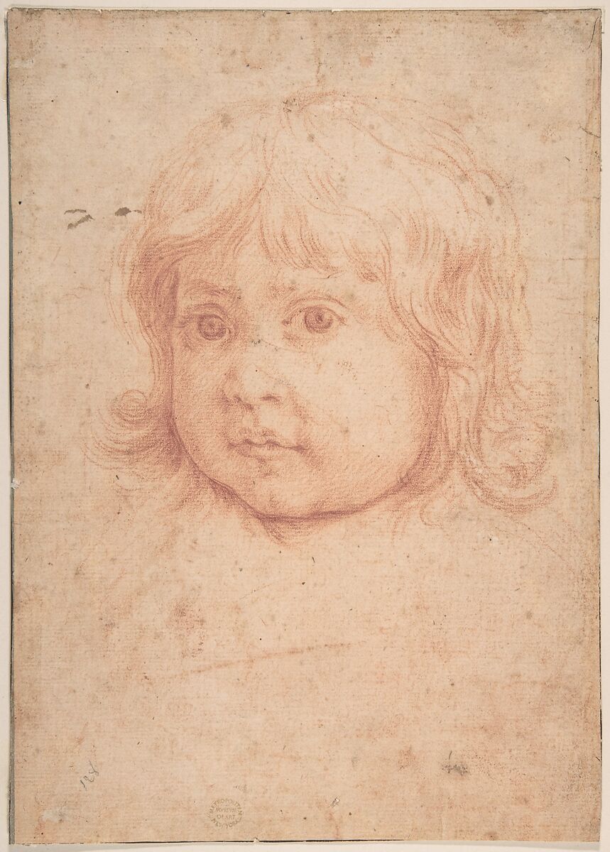 Child's Head, Anonymous, Italian, Roman-Bolognese, 17th century, Red chalk on cream laid paper; fragmentary framing lines in pen and black ink along left, bottom and right edges; fragmentary framing line in pen and gray ink along left edge 