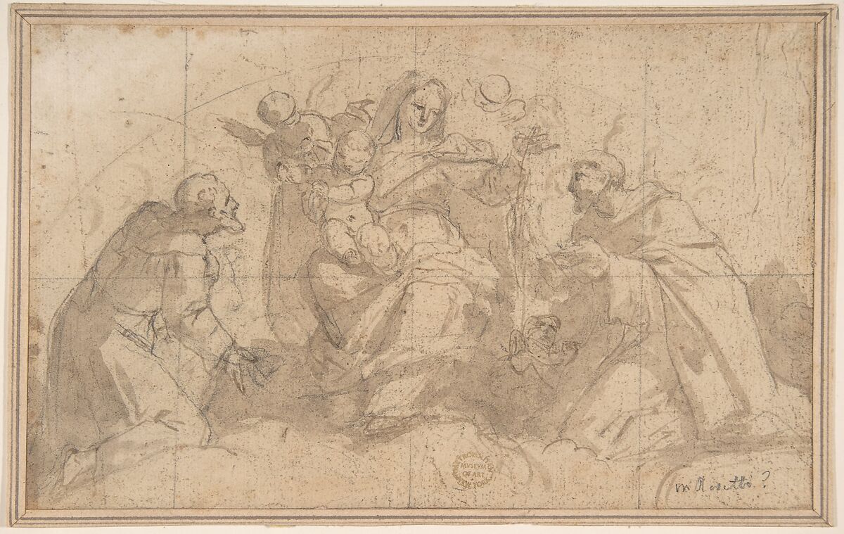 Madonna and Child with Saints and Angels, Anonymous, Italian, Roman-Bolognese, 17th century, Red chalk on cream paper; fragmentary framing lines in pen and black ink along left, bottom and right edges; fragmentary framing line in pen and gray ink along left edge 