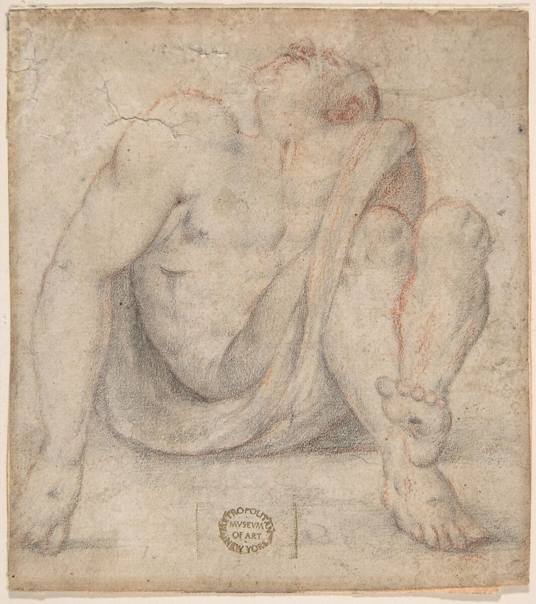 The Dead Christ, Anonymous, Italian, Roman-Bolognese, 17th century, Black and red chalk on light tan paper 