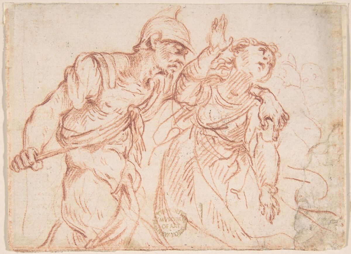 Soldier Stabbing a Woman, Anonymous, Italian, Roman-Bolognese, 17th century, Red chalk on cream laid paper 