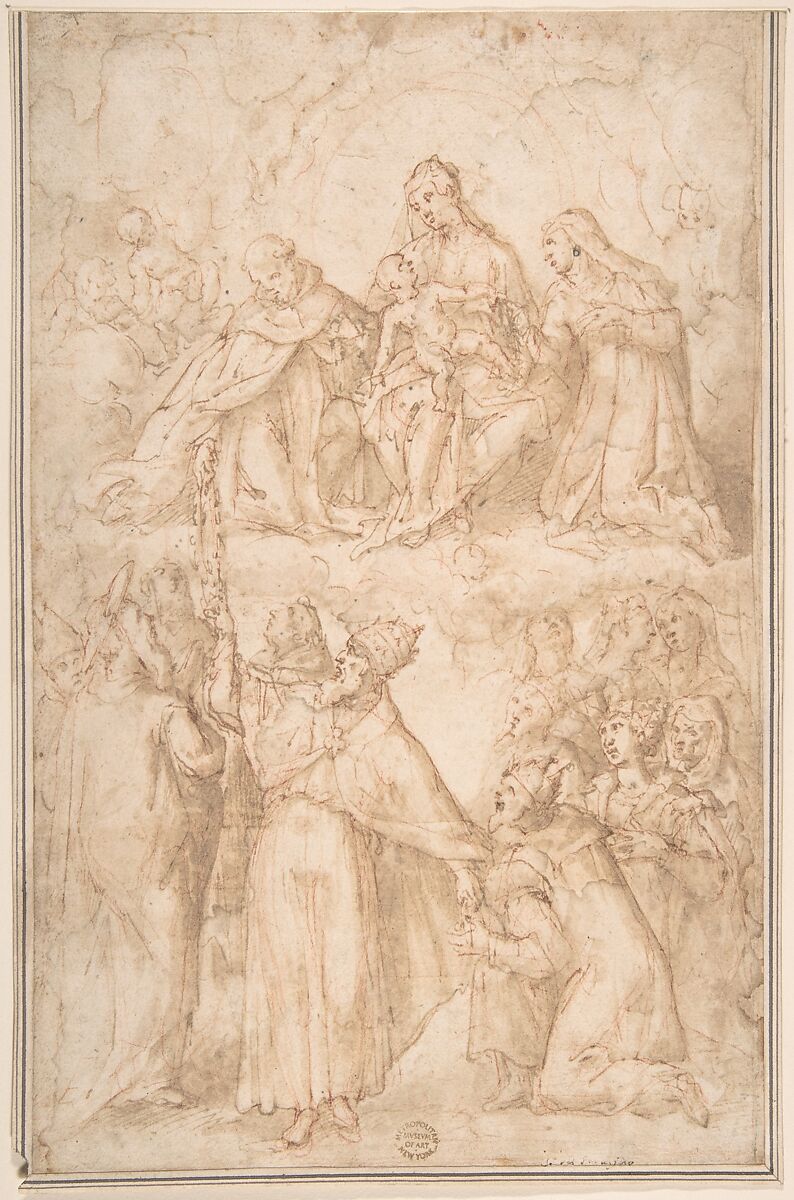 Saint Dominic Giving the Rosary to Pope Pius V, Anonymous, Italian, Roman-Bolognese, 17th century, Pen and brown ink, brush and brown wash, red chalk on light tan paper 