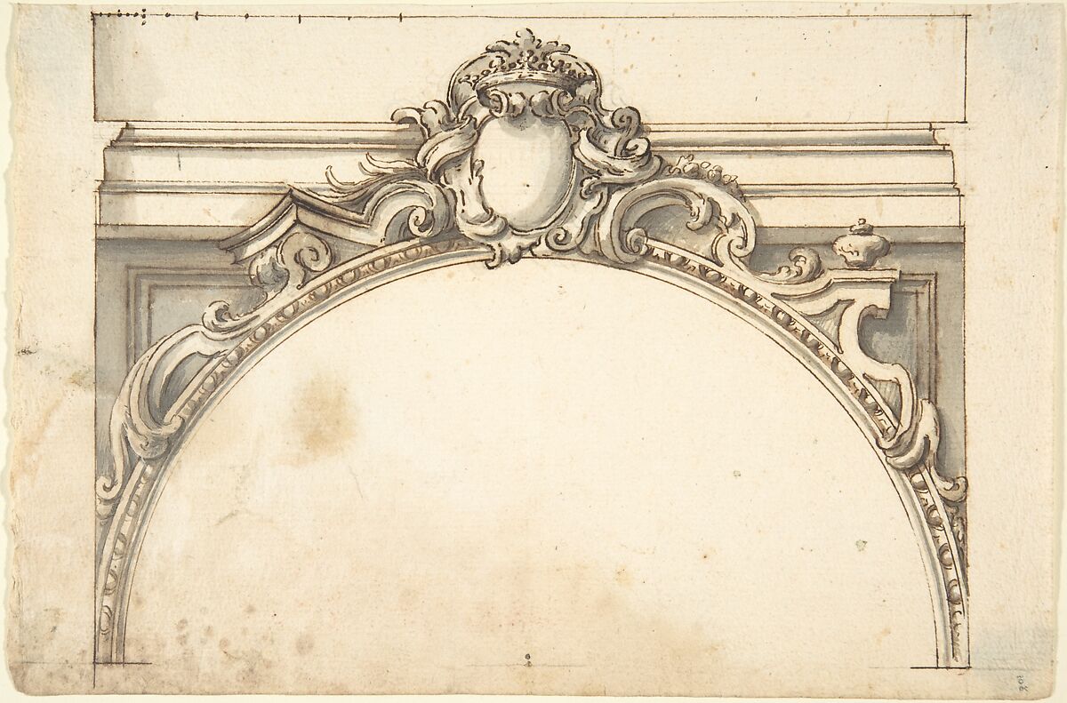 Design for an Arch Surmounted by a Cartouche with a Ducal Crown, Anonymous, Italian, Piedmontese, 18th century, Pen and brown ink, brush with gray and brown wash, over leadpoint; scale, upper edge of the design, in pen and brown ink 