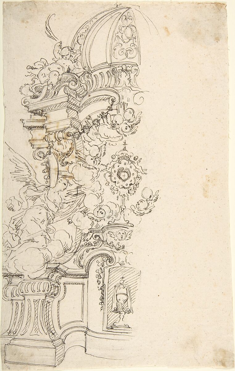 Design for One Half of an Altar, with an Angel (of the Annunciation) at the left, Anonymous, Italian, Piedmontese, 18th century, Pen and brown ink, over leadpoint 