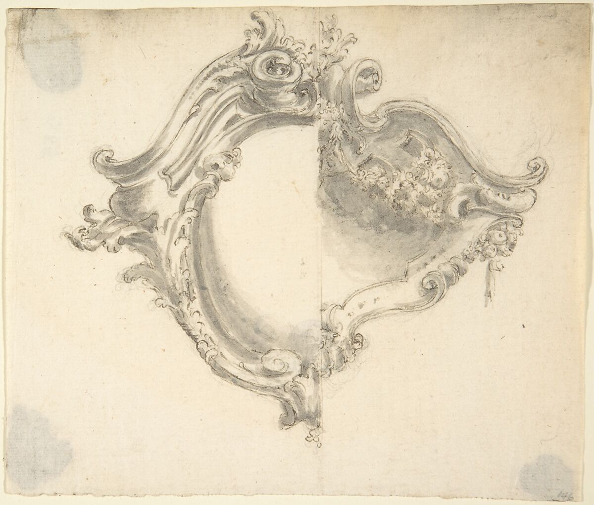 Two Variant Half Designs for a Cartouche, Anonymous, Italian, Piedmontese, 18th century, Pen and brown ink, brush and gray wash, over lead point or graphite; framing lines in pen and brown ink 