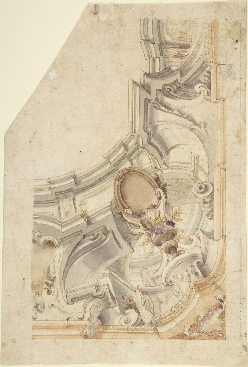 Design for the Corner of a Cove, Anonymous, Italian, Piedmontese, 18th century, Pen and light brown ink, brush and gray, light brown wash and watercolor, over leadpoint, with ruled and compass construction 